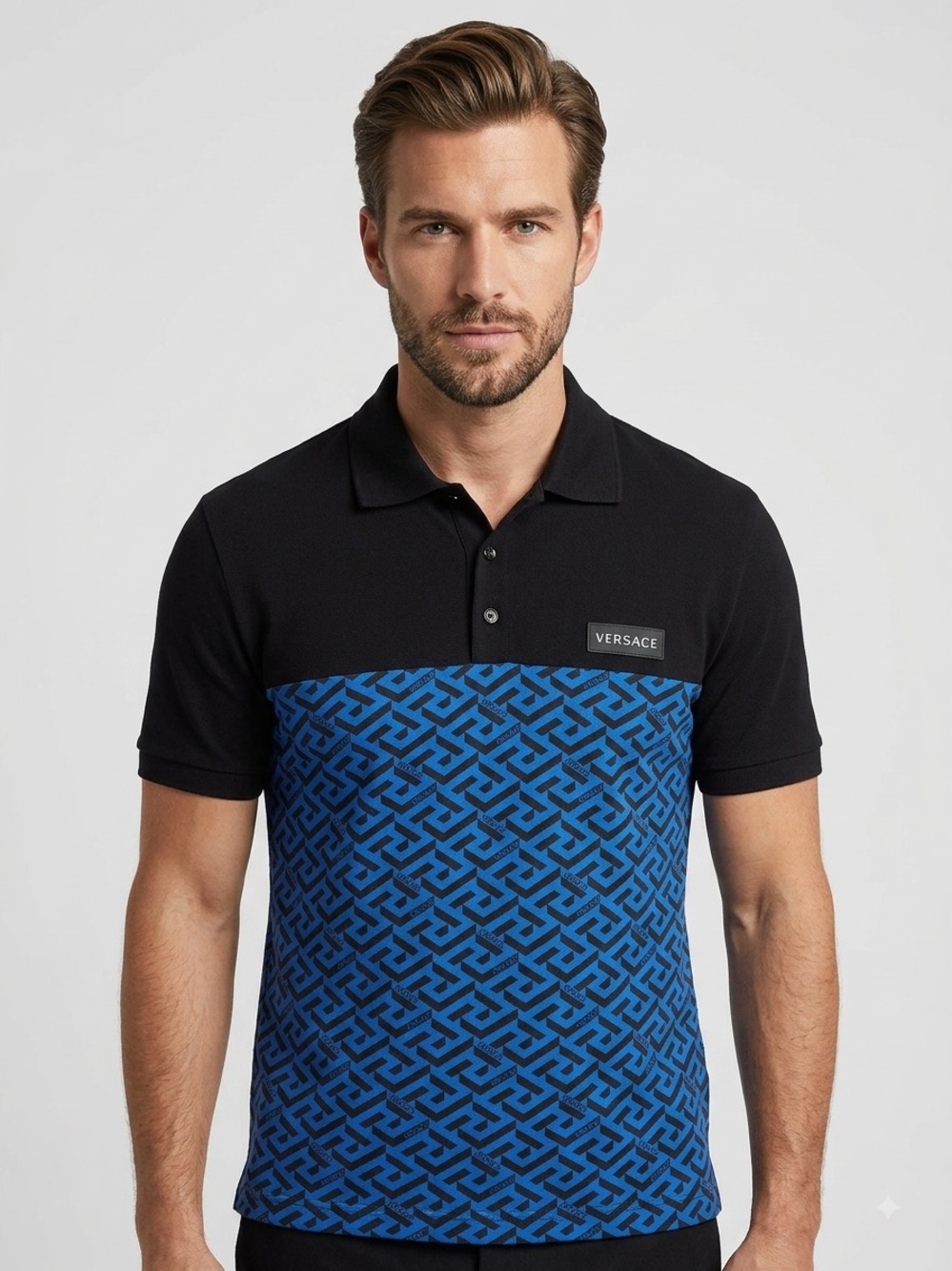 Versace La Greca Blue and Black Color Block Polo Size L